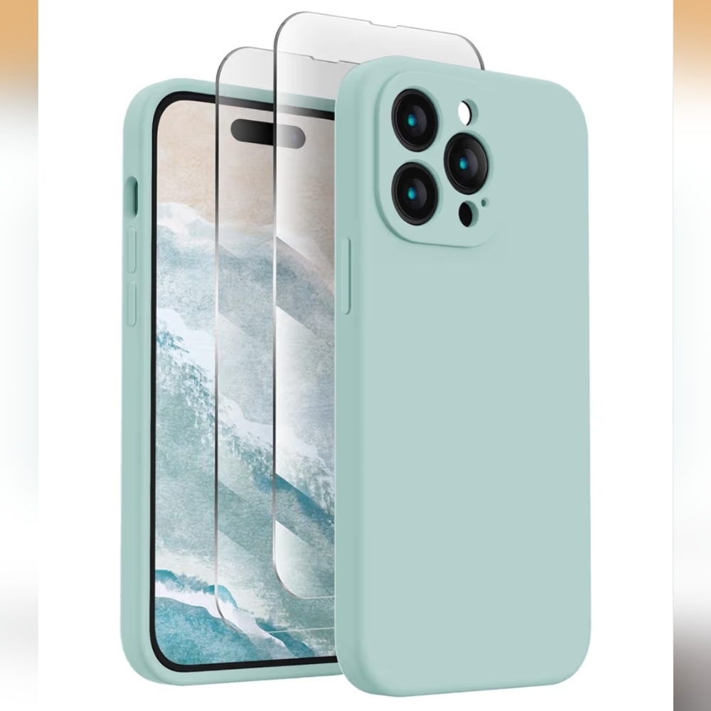 Mint Green Silicone Phone Case and 2 Screen Protectors for iPhone 14 Pro